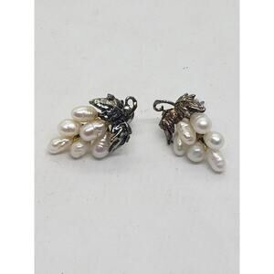 Vtg Genuine Freshwater Pearl Grape Cluster & Silver Tone Leaf Stud Earrings